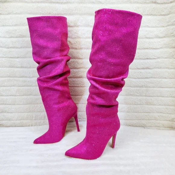Radiant Fuchsia Pink Rhinestone High Heel Slouch Knee High Boots - Picture 7 of 11